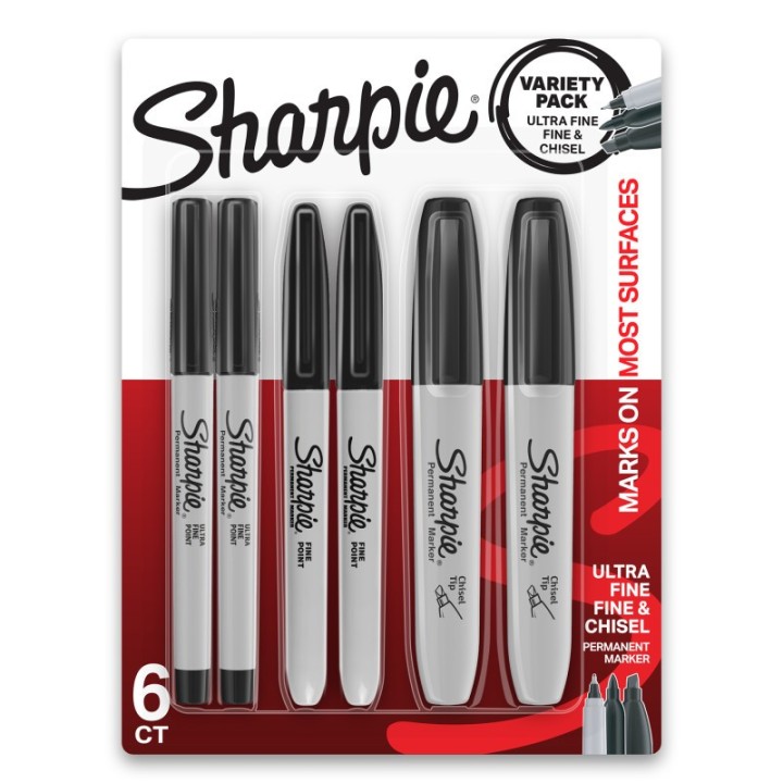 Sharpie® Permanent Markers Variety Pack, Fine, Ultra-Fine, & Chisel-Point Markers, Black, 6 Count