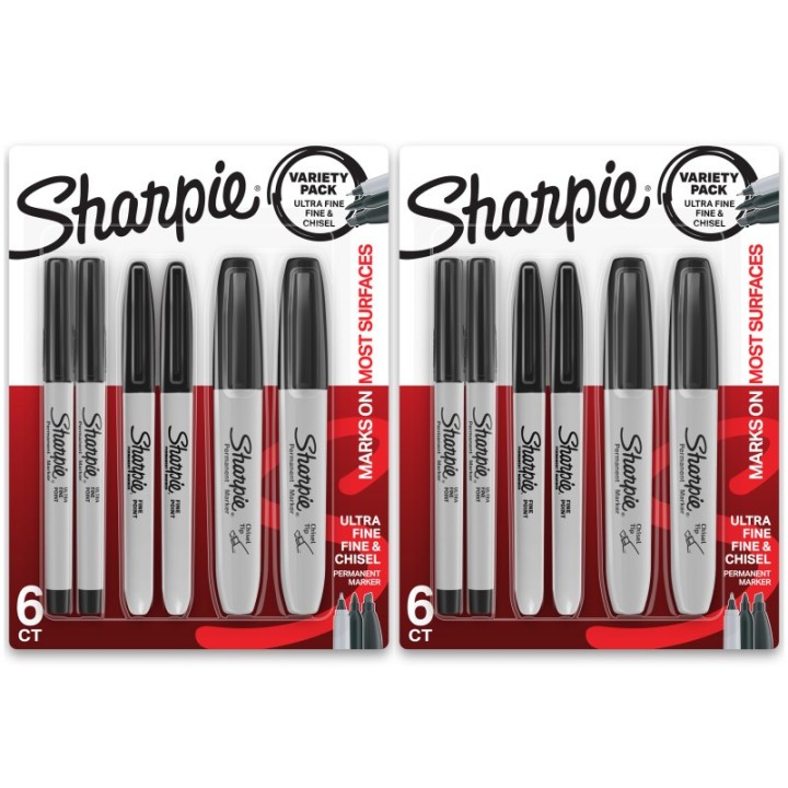 Sharpie® Permanent Markers Variety Pack, Fine, Ultra-Fine, & Chisel-Point Markers, Black, 6 Per Pack, 2 Packs