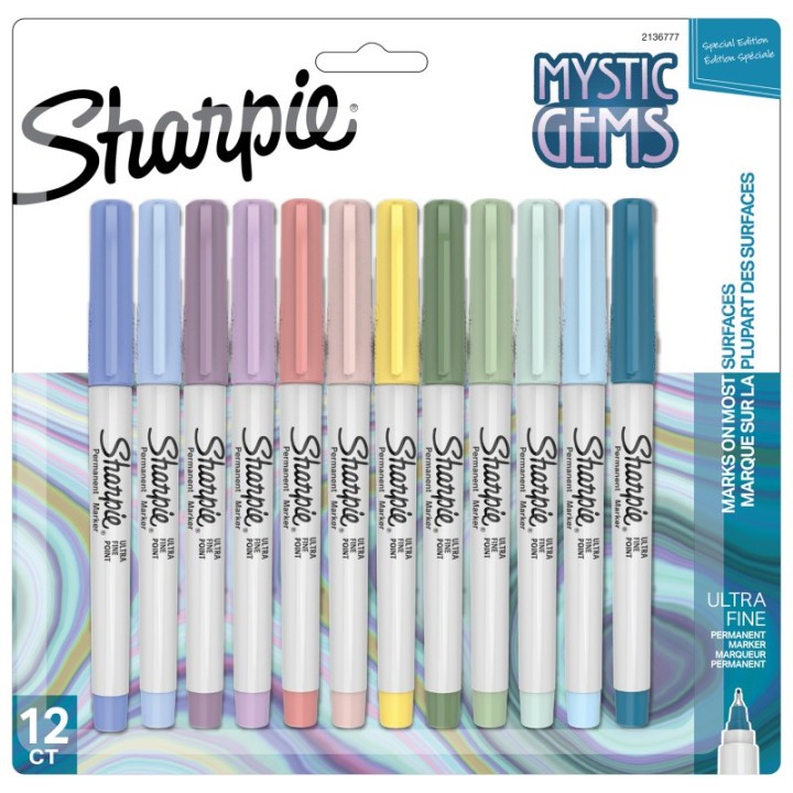 Sharpie® Permanent Markers, Ultra Fine Point, Mystic Gem Colors, 12 Count