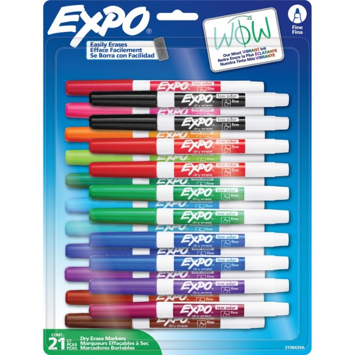 EXPO® Dry Erase Markers, Whiteboard Markers with Low Odor Ink, Fine Tip, Assorted Vibrant Colors, 21 Count
