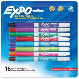 EXPO® Dry Erase Markers, Whiteboard Markers with Low Odor Ink, Fine Tip, Assorted Vibrant Colors, 16 Count