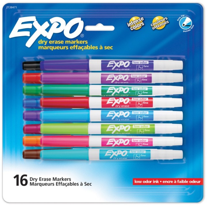 EXPO® Dry Erase Markers, Whiteboard Markers with Low Odor Ink, Fine Tip, Assorted Vibrant Colors, 16 Count