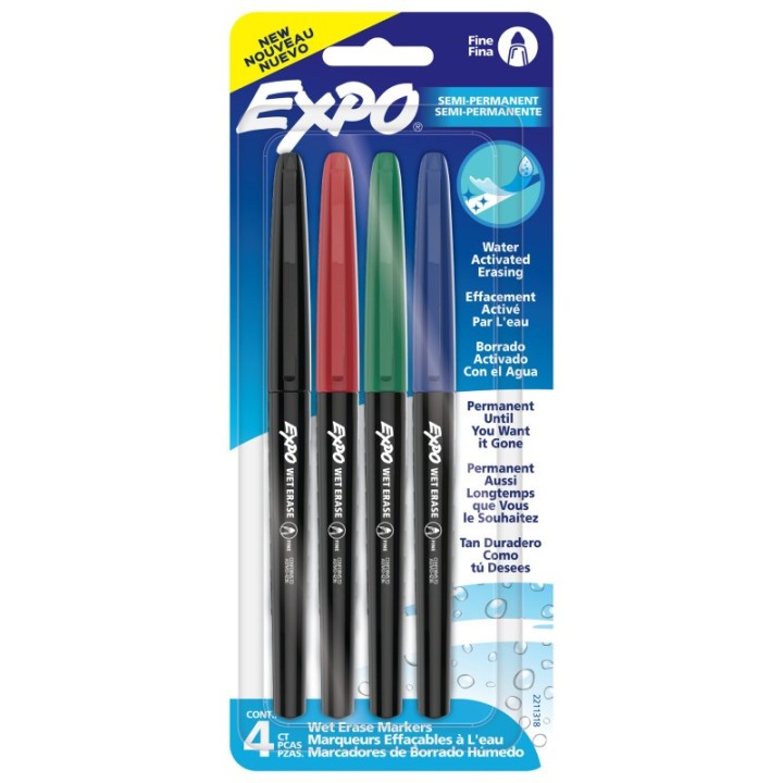 EXPO® Vis-a-Vis Wet Erase Markers, Fine Point, Assorted, 4 Count