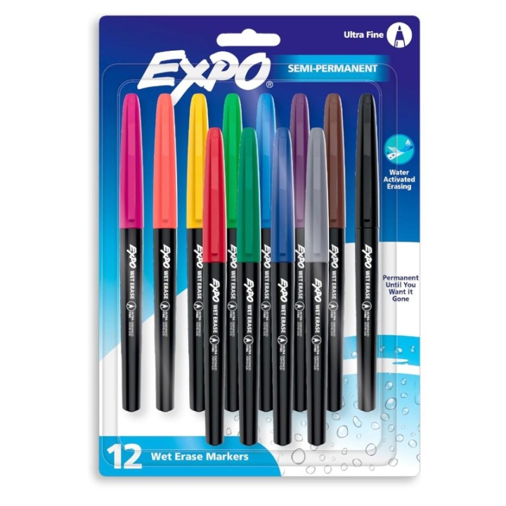EXPO® Vis-a-Vis Wet Erase Markers, Ultra Fine Point, Assorted, 12 Count