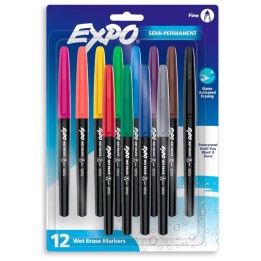 EXPO® Vis-a-Vis Wet Erase Markers, Fine Point, Assorted, 12 Count