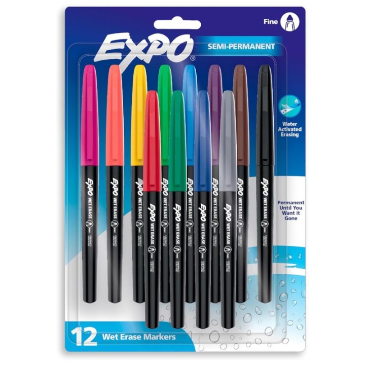 EXPO® Vis-a-Vis Wet Erase Markers, Fine Point, Assorted, 12 Count