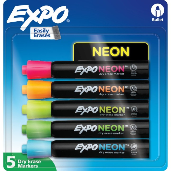 EXPO® Neon Dry Erase Markers, Assorted Colors, Bullet Tip, 5 Count