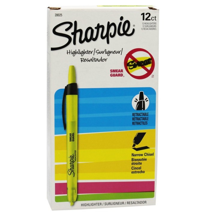 Sharpie® Retractable Highlighters, Yellow, Box of 12