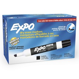 EXPO® Low-Odor Dry Erase Markers, Chisel Tip, Black, Box of 12