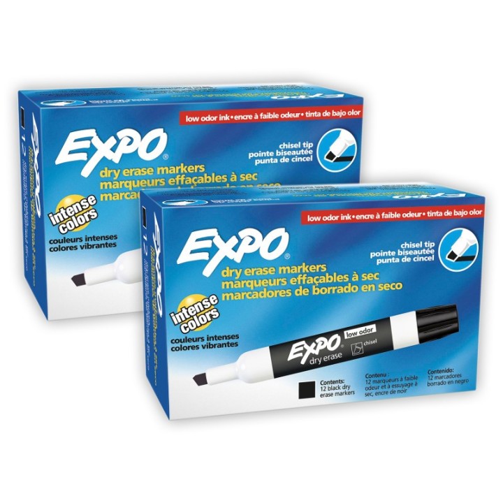 EXPO® Low-Odor Dry Erase Markers, Chisel Tip, Black, 12 Per Box, 2 Boxes