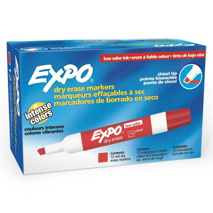 EXPO® Low-Odor Dry Erase Markers, Chisel Tip, Red, Box of 12