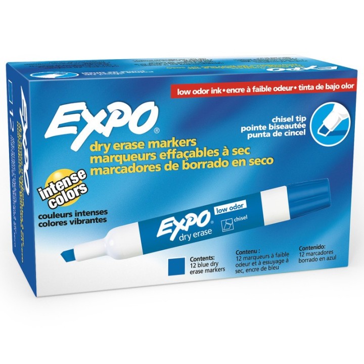 EXPO® Low-Odor Dry Erase Markers, Chisel Tip, Blue, Box of 12