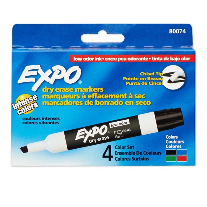 EXPO® Low-Odor Dry Erase Markers, Chisel Tip, 4 Colors, Pack of 4