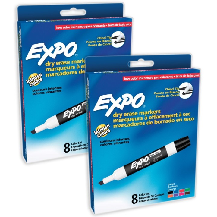 EXPO® Low-Odor Dry Erase Markers, Chisel Tip, 8 Colors, 8 Per Pack, 2 Packs