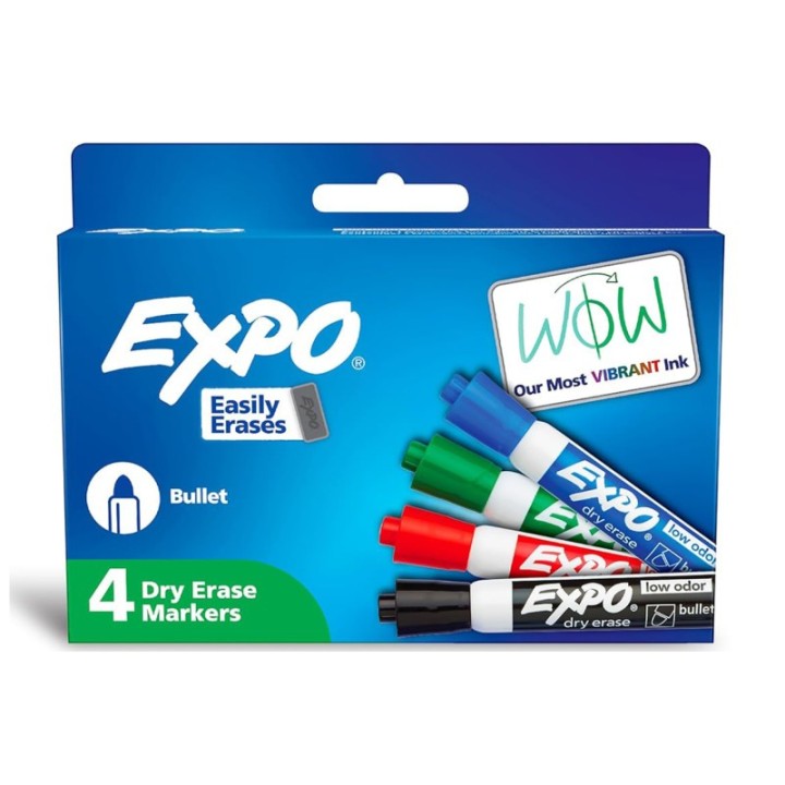 EXPO® Low-Odor Dry Erase Markers, Bullet Tip, Assorted Colors, Pack of 4