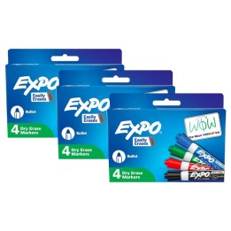 EXPO® Low Odor Dry Erase Markers, Bullet Tip, Assorted Colors, 4 Per Pack, 3 Packs