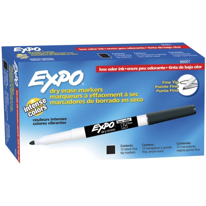 EXPO® Low Odor Dry Erase Markers, Fine Tip, Black, Box of 12