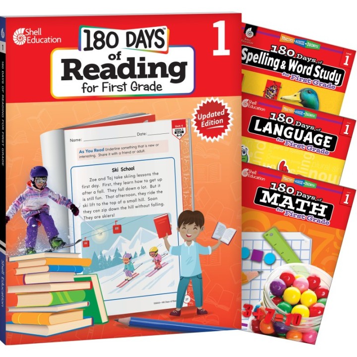 Shell Education 180 Days Reading, Spelling, Language, & Math Grade 1: 4-Book Set