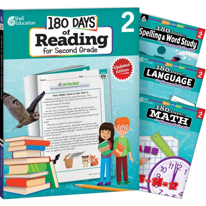 Shell Education 180 Days Reading, Spelling, Language, & Math Grade 2: 4-Book Set