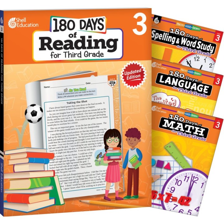 Shell Education 180 Days Reading, Spelling, Language, & Math Grade 3: 4-Book Set
