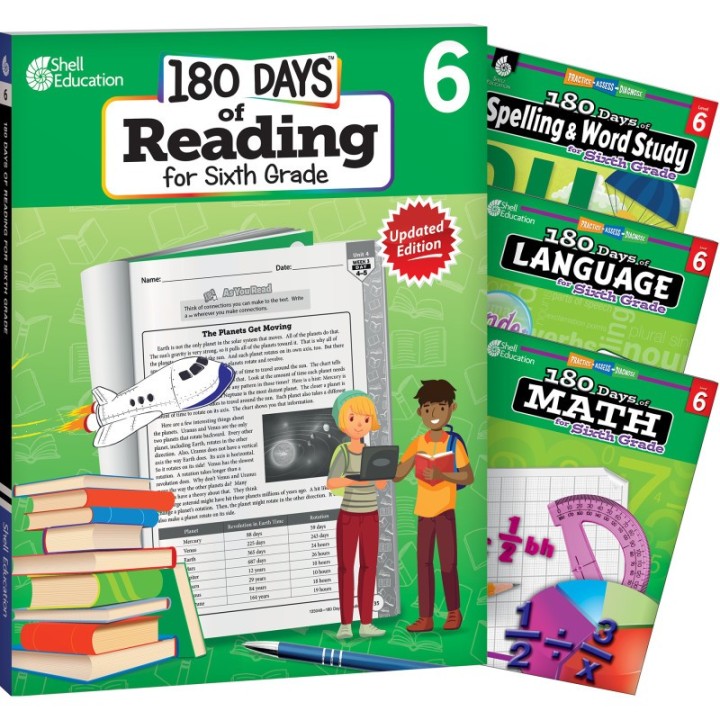 Shell Education 180 Days Reading, Spelling, Language, & Math Grade 6: 4-Book Set