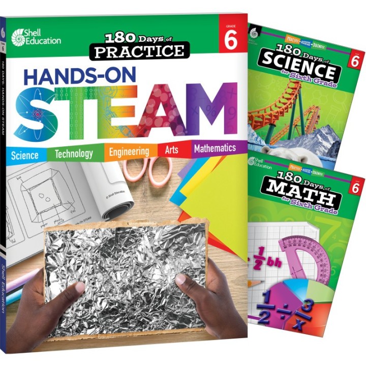 Shell Education 180 Days STEAM, Science, & Math Grade 6: 3-Book Set