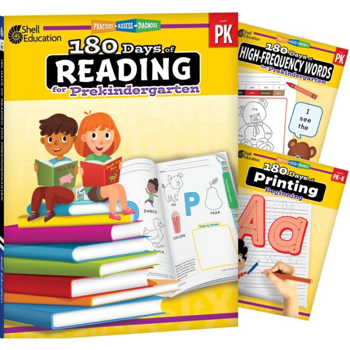 Shell Education 180 Days Reading, High-Frequency Words, & Printing Grade PK: 3-Book Set