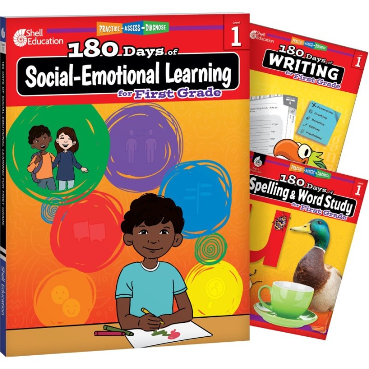 Shell Education 180 Days Social-Emotional Learning, Writing, & Spelling Grade 1: 3-Book Set