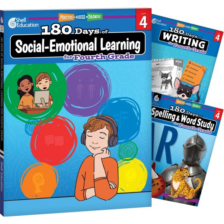 Shell Education 180 Days Social-Emotional Learning, Writing, & Spelling Grade 4: 3-Book Set