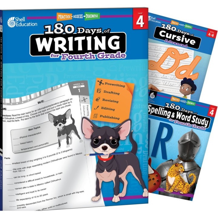 Shell Education 180 Days Writing, Spelling, & Cursive Grade 4: 3-Book Set