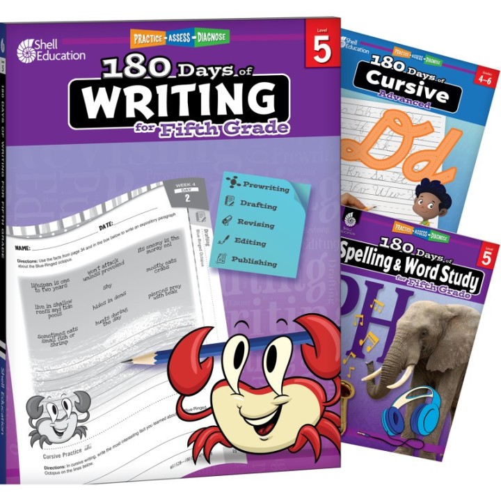 Shell Education 180 Days Writing, Spelling, & Cursive Grade 5: 3-Book Set