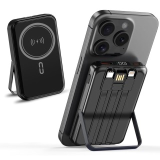 Alpha Digital 10,000mAh Magnetic Wireless Power Bank with Metal Stand + Built-in Cables, Black