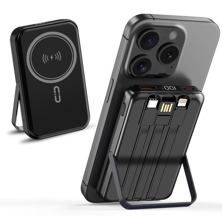 Alpha Digital 10,000mAh Magnetic Wireless Power Bank with Metal Stand + Built-in Cables, Black