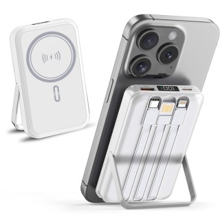 Alpha Digital 10,000mAh Magnetic Wireless Power Bank with Metal Stand + Built-in Cables, White
