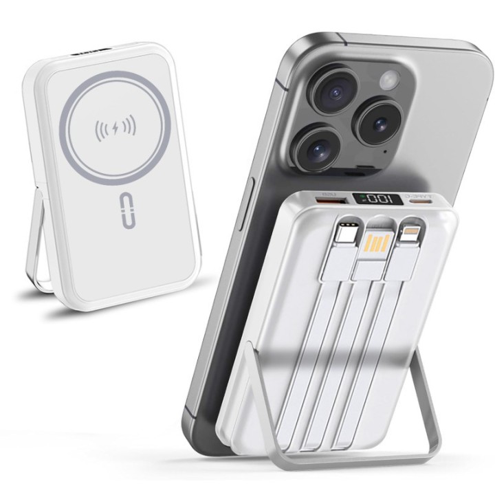 Alpha Digital 10,000mAh Magnetic Wireless Power Bank with Metal Stand + Built-in Cables, White