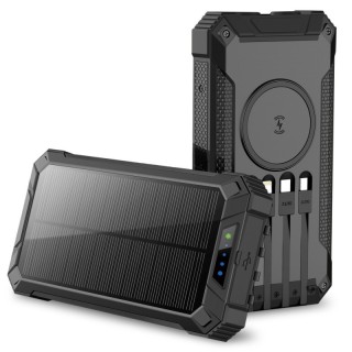 Alpha Digital 20000mAh Solar Power Bank with Wireless Charging and Built-in Cables, Black