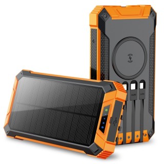 Alpha Digital 20000mAh Solar Power Bank with Wireless Charging and Built-in Cables, Orange