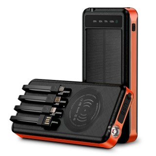 Alpha Digital 10000mAh Solar Power Bank with Wireless Charging and Built-in Cables, Orange
