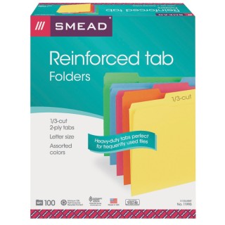 Smead® File Folders, Reinforced 1/3-Cut Tab, Letter Size, Assorted Colors, Box of 100