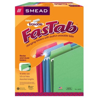 Smead® Erasable FasTab® Hanging File Folder, 1/3-Cut Built-In Tab, Letter Size, Assorted Colors, Box of 18