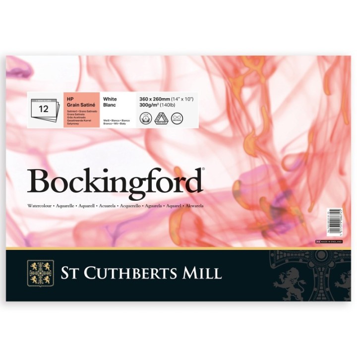 St Cuthberts Bockingford Watercolor Pad, Hot Pressed, White, Glue Binding, 140lb/300gsm, 12 Sheet, 10x14 inch, 1 Count