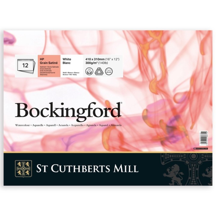 St Cuthberts Bockingford Watercolor Pad, Hot Pressed, White, Glue Binding, 140lb/300gsm, 12 Sheet, 12x16 inch, 1 Count