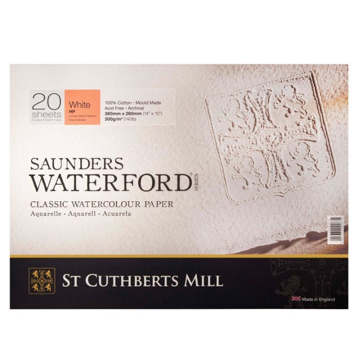 St Cuthberts Saunders Waterford Watercolor Block, Hot Pressed, White, 140lb/300gsm, 20 Sheet, 14x10 inch, 1 Count