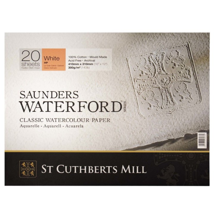 St Cuthberts Saunders Waterford Watercolor Block, Hot Pressed, White, 140lb/300gsm, 20 Sheet, 16x12 inch, 1 Count