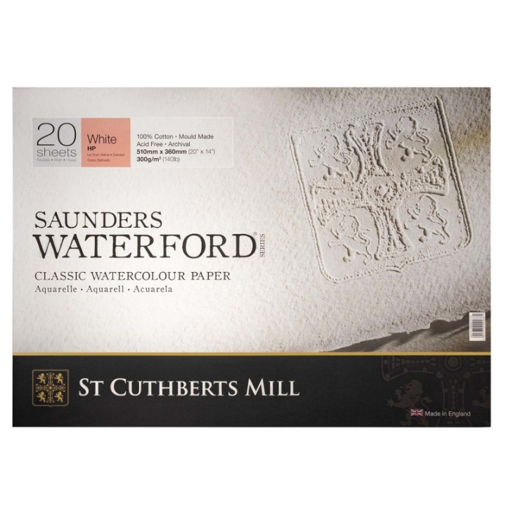 St Cuthberts Saunders Waterford Watercolor Block, Hot Pressed, White, 140lb/300gsm, 20 Sheet, 20x14 inch, 1 Count