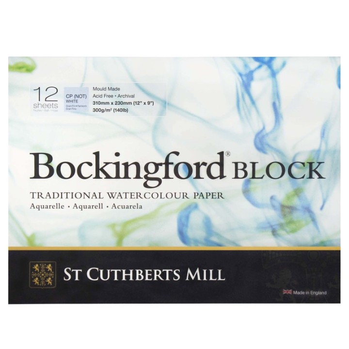 St Cuthberts Bockingford Watercolor Block, Cold Pressed, White, 140lb/300gsm, 12 Sheet, 9x12 inch, 1 Count