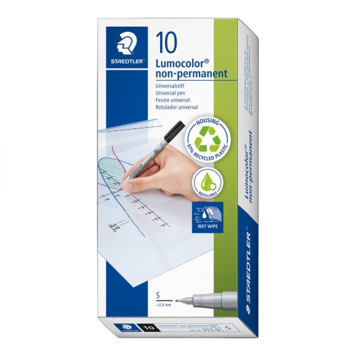 STAEDTLER® Lumocolor Non-Permanent, Wet Erase, Superfine 0.4 mm, Black, Pack of 10