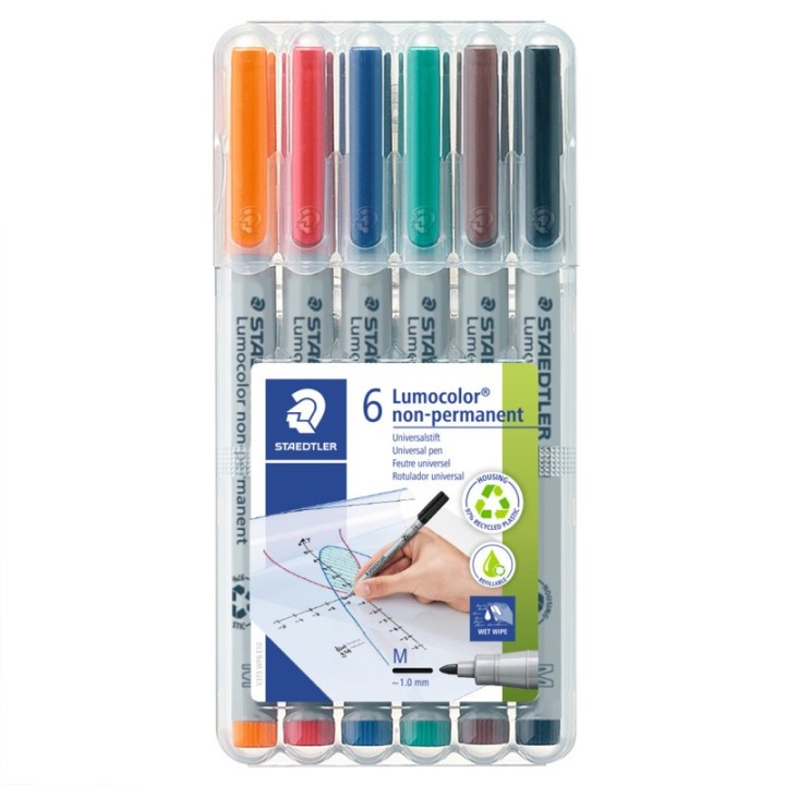 STAEDTLER® Lumocolor Non-Permanent, Wet Erase, Medium 1.0 mm, Assorted Colors, Set of 6