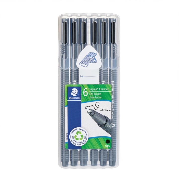 STAEDTLER® Triplus® Fineliner Pens, Superfine 0.3 mm, Black, Pack of 6