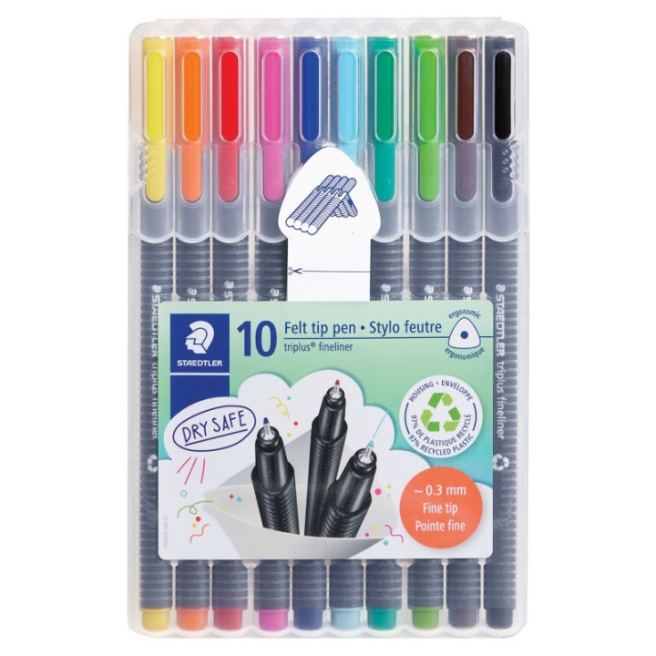 STAEDTLER® Triplus® Fineliner Pens, Superfine 0.3 mm, Assorted Colors, Set of 10